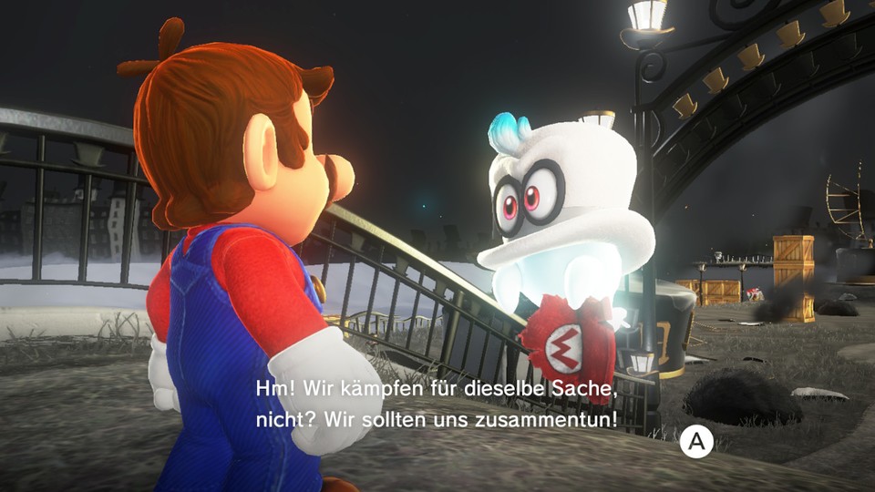 Zu Beginn des Spiels verbündet sich Mario mit Cappy. Dessen Schwester Tiara wurde ebenfalls Entführungsopfer von Bowser.