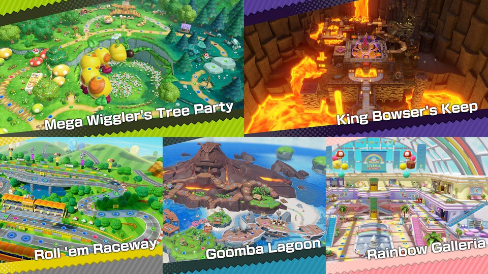 Das neue Super Mario Party bietet fünf komplett neue Spielbretter, die ihr hier seht, und noch zwei klassische Bretter obendrauf.