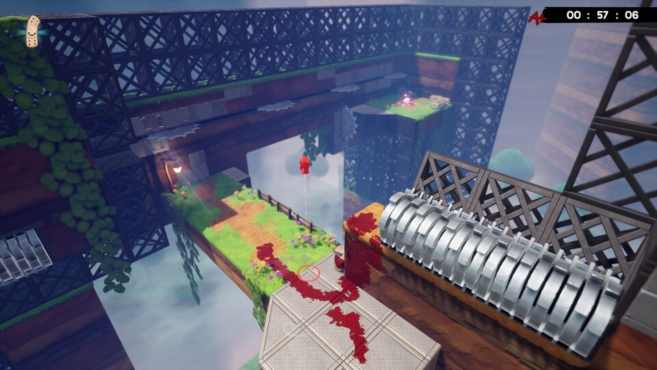 Der Kreis und die vertikal gestrichelte Linie zeigt euch optional an, wo Meat Boy landet.