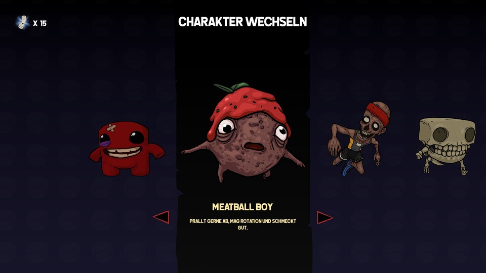 19 spielbare Figuren könnt ihr freischalten, von denen einige wie Meatball Boy ihre Eigenheiten haben.