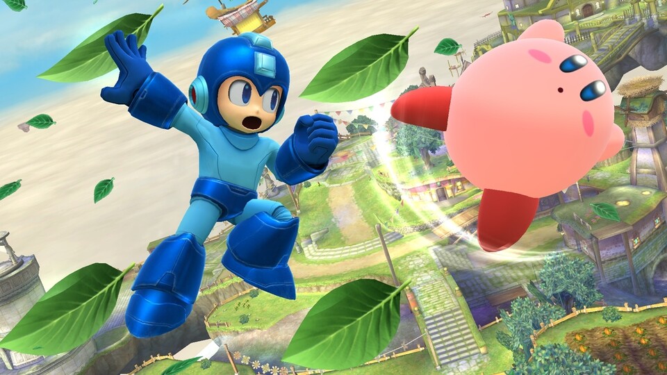 Solange das Leaf Shield um Mega Man kreist, ist er vor Kirbys Attacken geschützt. Welche Waffensysteme hat er wohl noch im Cyborgkörper versteckt? [Wii U]