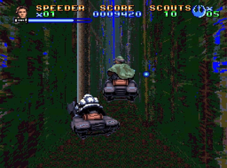 Der Geschwindigkeitsrausch wird im 16-Bit-Zeitalter noch mit optischen Tricks erzeugt. Die Speeder-Jagd auf Endor wird so zum Highlight.