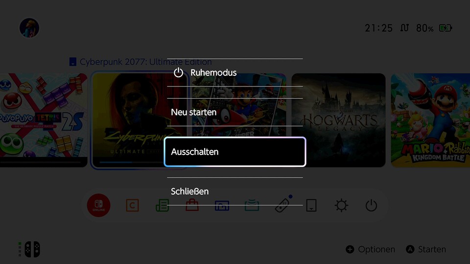 Im aufgeklappten Power-Menü verbirgt sich die Option für das komplette Ausschalten.