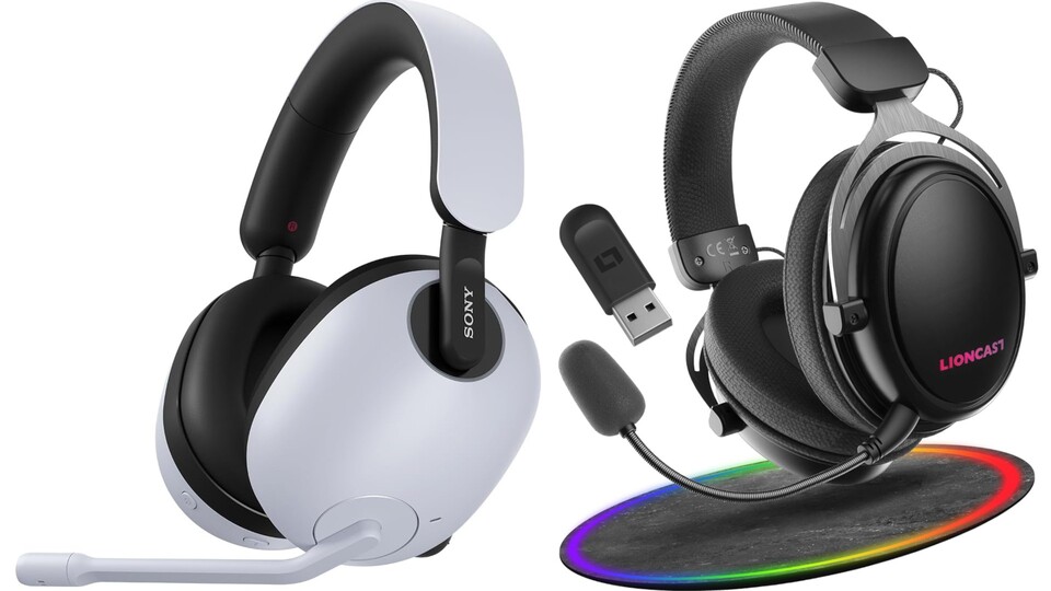 Mit den meisten Gaming-Headsets mit USB-Dongle wie dem Sony Inzone H9 (links) und dem Lioncast LX80 solltet ihr an der Switch 2 keine Probleme haben. Garantiert ist das aber leider nicht.
