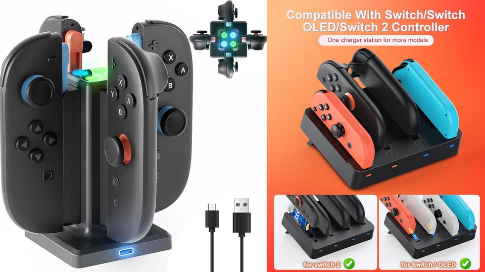 Die meisten Joy-Con 2-Ladestationen bieten Platz für vier Joy-Cons. Manche wie das Modell rechts sind auch mit den Joy-Cons für Switch 1 kompatibel.