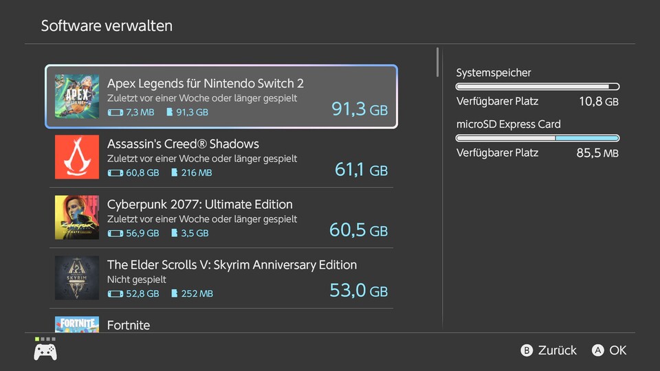 Whoopsie, da wollte ich dem Switch 2-Speicher wohl ein bisschen zu viel für den Weihnachtsurlaub zumuten.