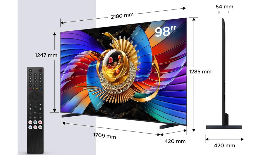 Hier die Maße des riesigen 4K-Fernseher, damit ihr wisst, ob er überhaupt in euer Wohnzimmer passt.
