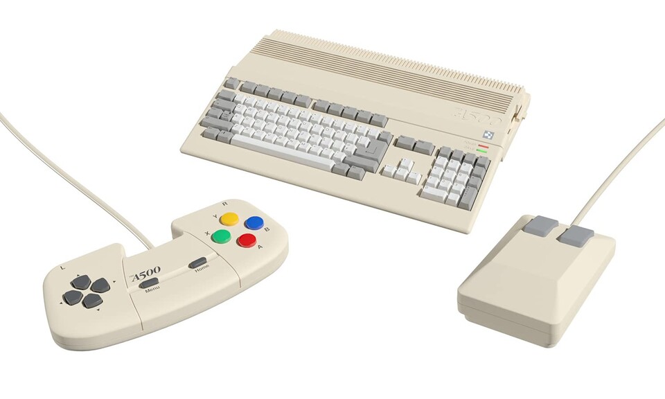 Der Amiga A500 Mini wird mit einem Controller und einer Maus geliefert, die Tastatur ist hingegen nur zur Zierde da.