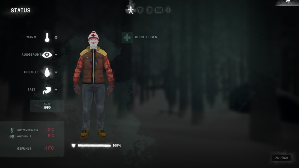 Unser Überleben in the Long Dark hängt von vier Faktoren ab: Hunger, Durst, Kälte und Energie.