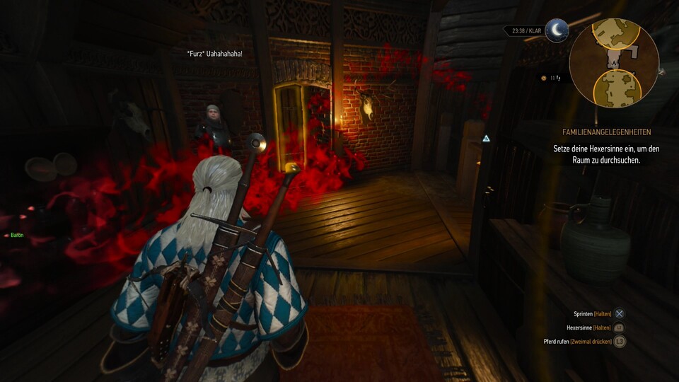 In der Hexersicht deckt Geralt Spuren auf, hier folgen wir einem Geruch. Der übrigens nichts mit dem Spruch der Wache zu tun hat.