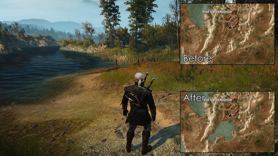 Im Original hat der See zu Geralts Linken auf der Karte gefehlt. (Bildquelle: NexusMods)