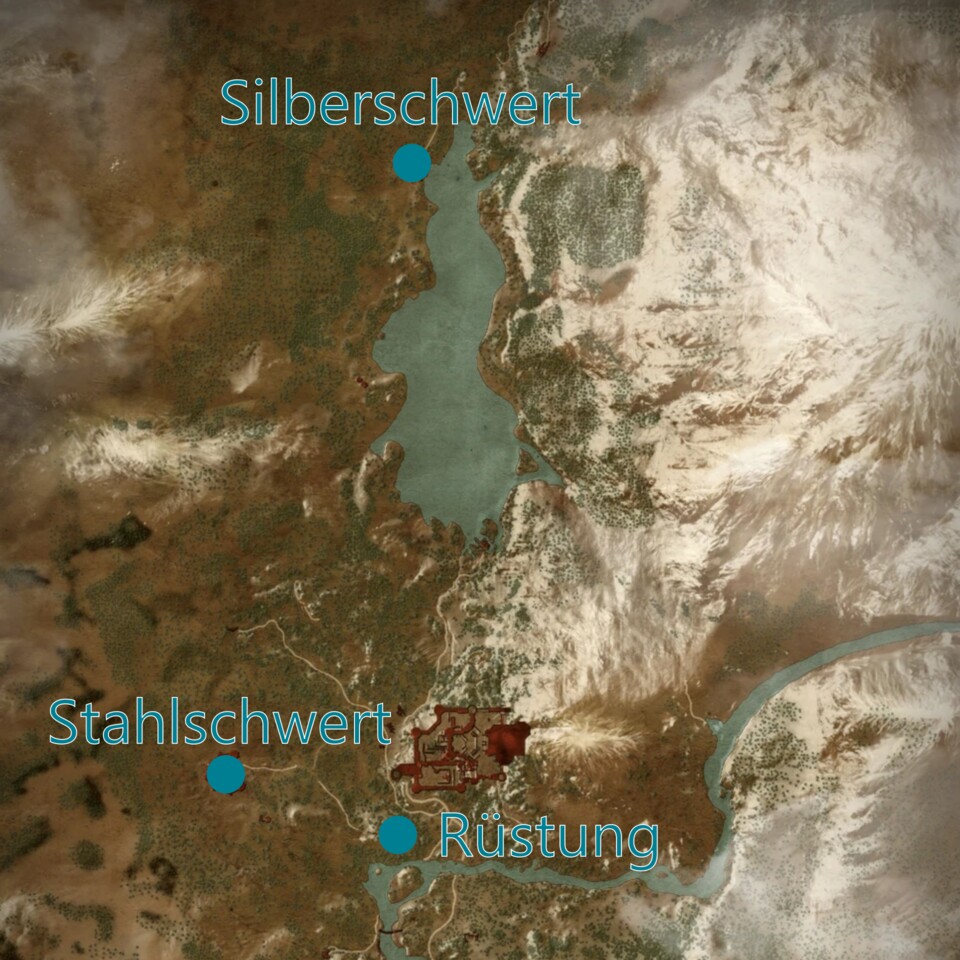 Die Rüstung und Waffen sind über drei Orte verteilt.