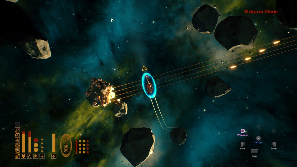 Unser Schiff verfeuert Breitseiten, mit denen wir Asteroiden (oder Gegner!) zerbröseln.