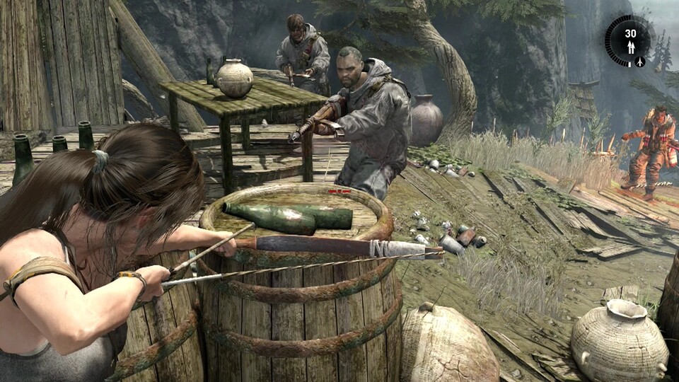 Tomb Raider Definitive Edition : Man muss eben Prioritäten setzen: Tomb Raider entpuppt sich schnell als actionreicher Deckungs-Shooter statt eines staubigen Grabkammern-Gehüpfes. [Xbox One]