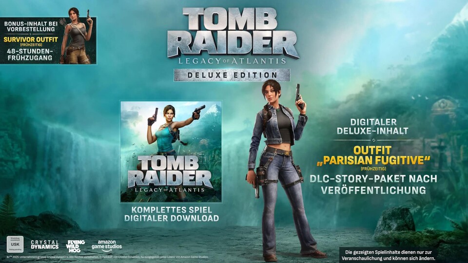 Hier seht ihr die Inhalte der Deluxe Edition. Bei der PC-Version ist das Spiel nur als Download-Code dabei, auf PS5 und Xbox wird es vermutlich auch auf Disc enthalten sein. Oben links seht ihr das Survivor-Outfit, das allen Versionen als Vorbesteller-Bonus beiliegt.