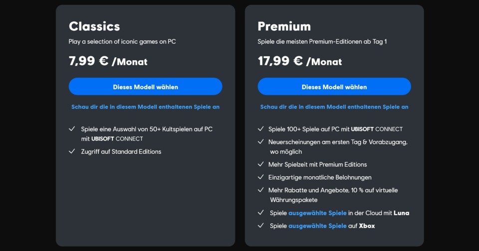 Hier seht ihr die Preise und Unterschiede der beiden Ubisoft+-Versionen Premium und Classic.