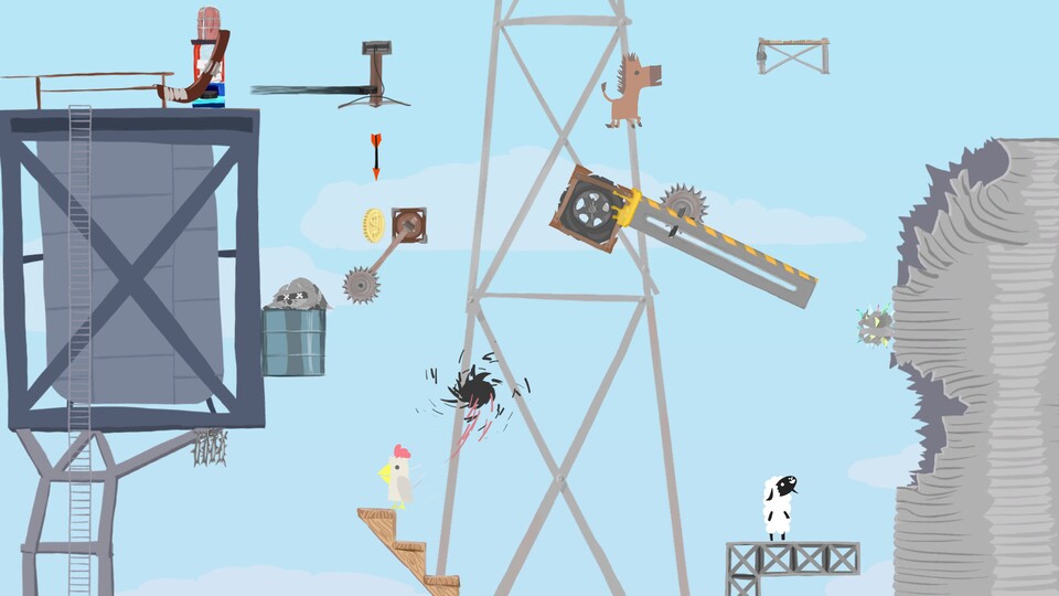 In Ultimate Chicken Horse platziert ihr selbst die Fallen, in die ihr später tappt.