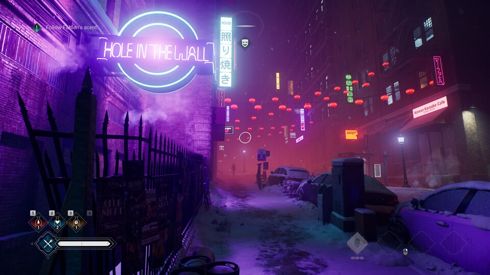 In der First-Person-Perspektive durchstreifen wir nachts die verschneiten Straßen Seattles.