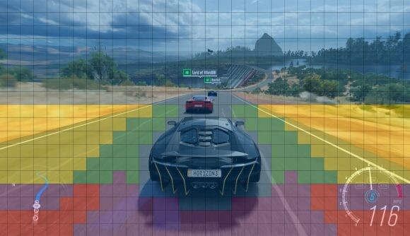 In den roten Zonen werden mehrere Pixel gleichzeitig von einem Shader bearbeitet, in blauen Bereichen jeder einzelne Pixel. Alle weiteren Farben repräsentieren Zwischenstufen. (Bildquelle: Nvidia)