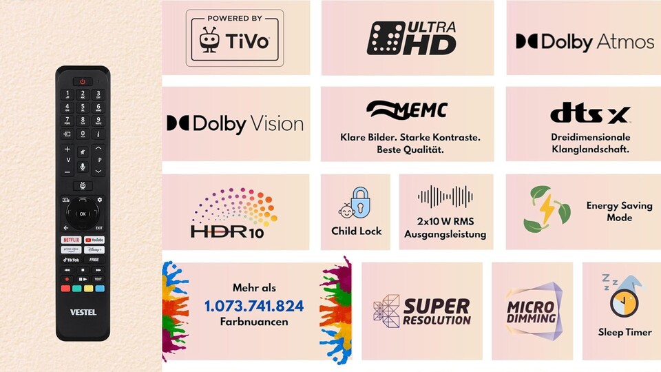 Für ihren günstigen Preis bieten die günstigen 4K-Fernseher durchaus eine stattliche Menge an Features. Hier seht ihr die Feature-Liste des Vestel-TVs, die des Telefunken-Fernsehers sieht aber ähnlich aus.