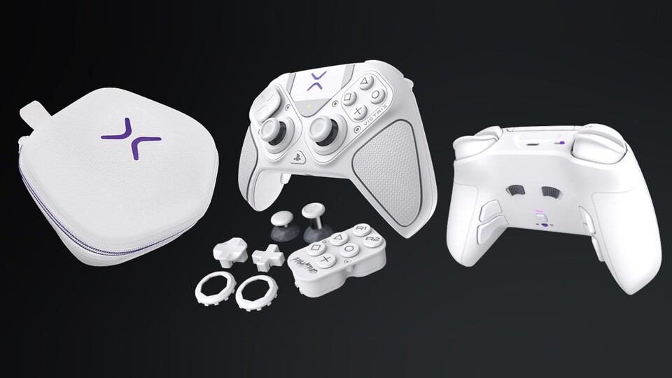 Der PS5 Pro Controller von Victrix wird mit einigem Zubehör geliefert, darunter ein Fightpad-Modul sowie Sticks und Steuerkreuze zum Austauschen.
