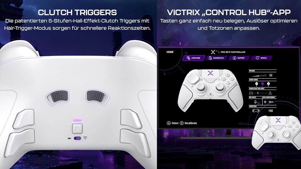 Auf der Rückseite des Victrix Pro BFG Reloaded PS5-Controllers findet ihr vier programmierbare Extra-Tasten.