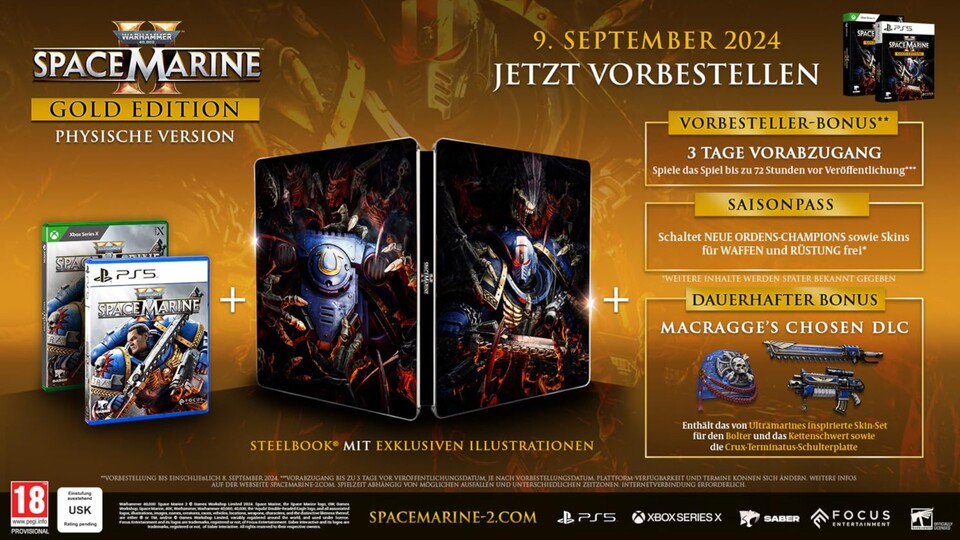 Neben einem schicken Steelbook und dem Season Pass bietet die Space Marine 2 Gold Edition auch drei Tage Early Access.