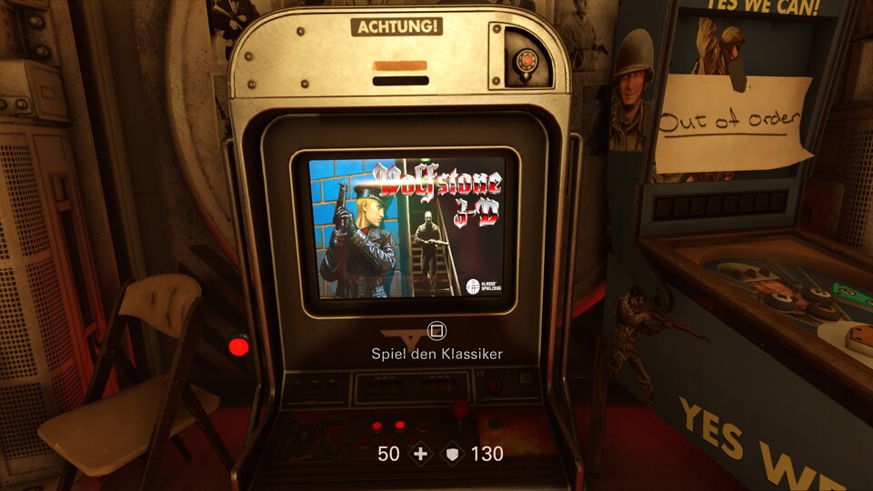 Witziger Anachronismus: Im U-Boot findet ihr einen Wolfstone-3D-Spielautomaten.