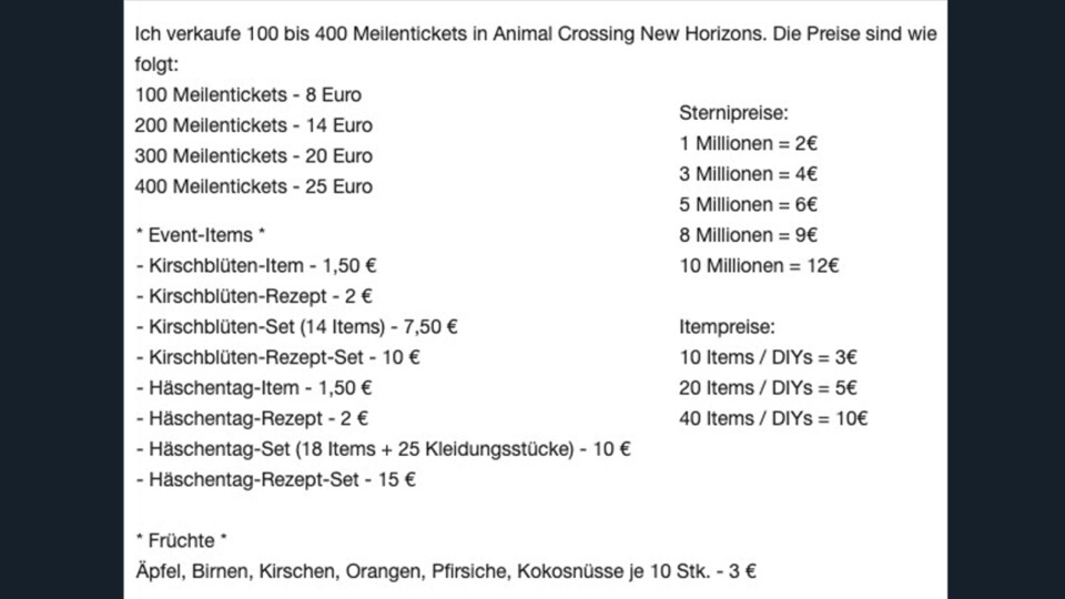 Auf eBay & Co verkaufen Händler Inhalte aus Animal Crossing für echtes Geld.