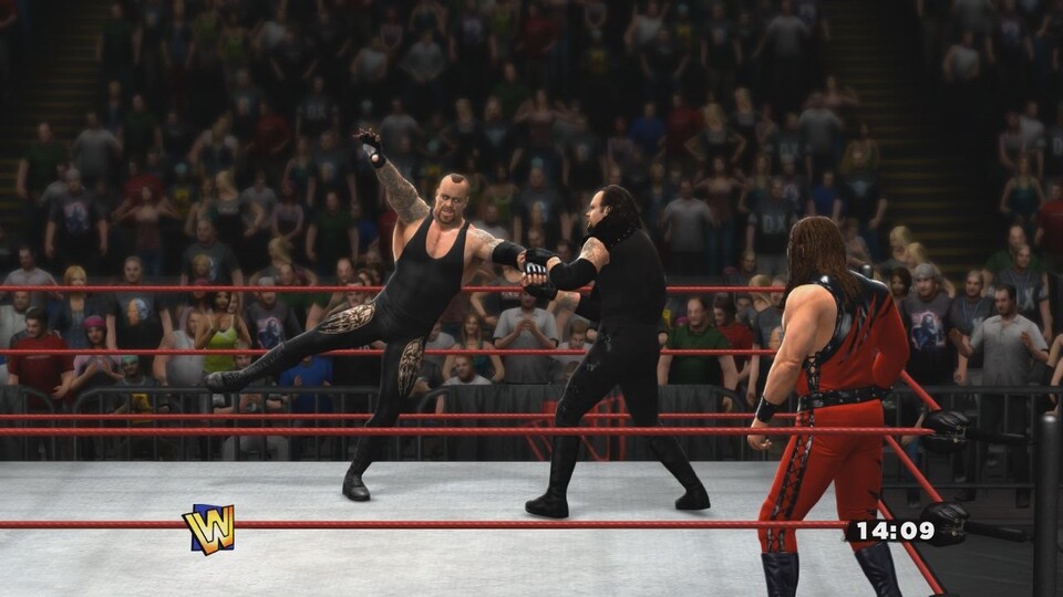 Kampf der Generationen: klassischer Langhaar-Undertaker gegen modernen Irokesen-Undertaker.