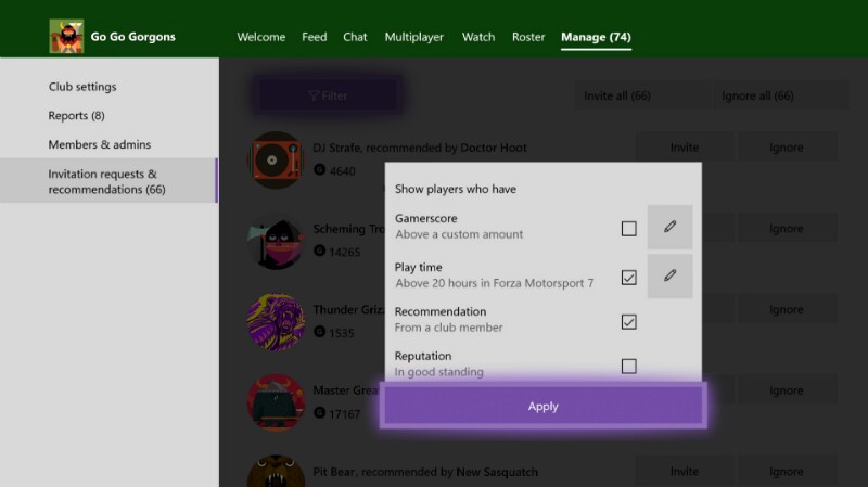 Mit dem Xbox-Frühlingsupdate kommt auch die Möglichkeit, Clubeinladungen detailliert zu filtern.