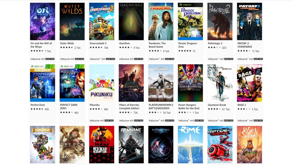 Xbox Game Pass Liste