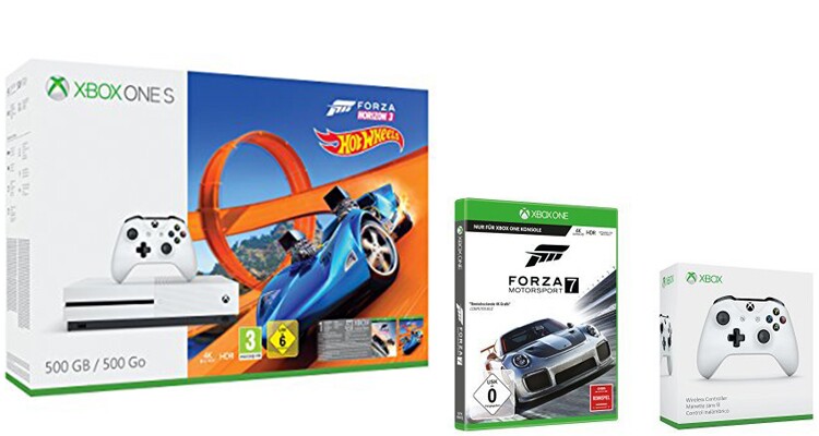 Xbox One S 500 GB im Bundle mit Forza Horion 3, Forza 7 und einem zweiten Controller.
