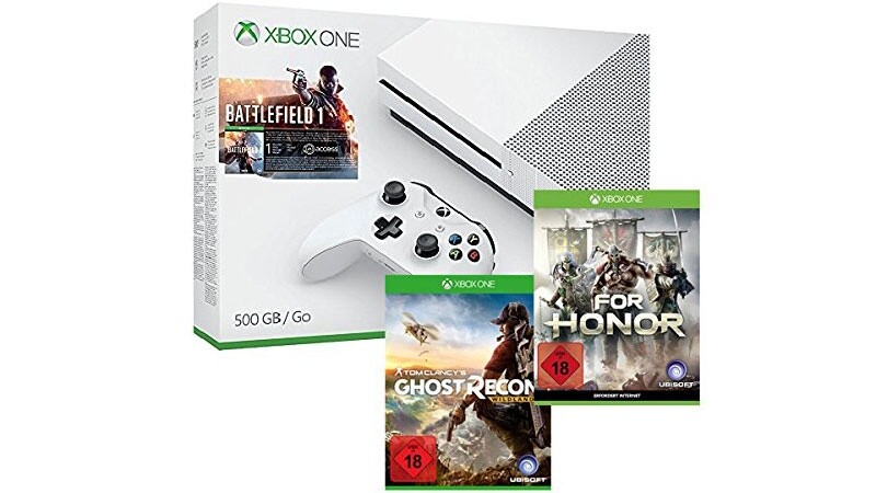 Xbox One S 500GB + Ghost Recon: Wildlands, Battlefield 1 und For Honor für nur 304,99 Euro.