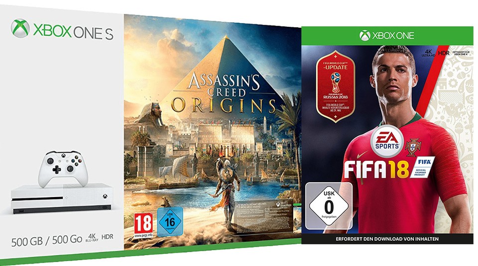 Xbox One S Bundle mit AC: Origins und FIFA 18 für 169 Euro.