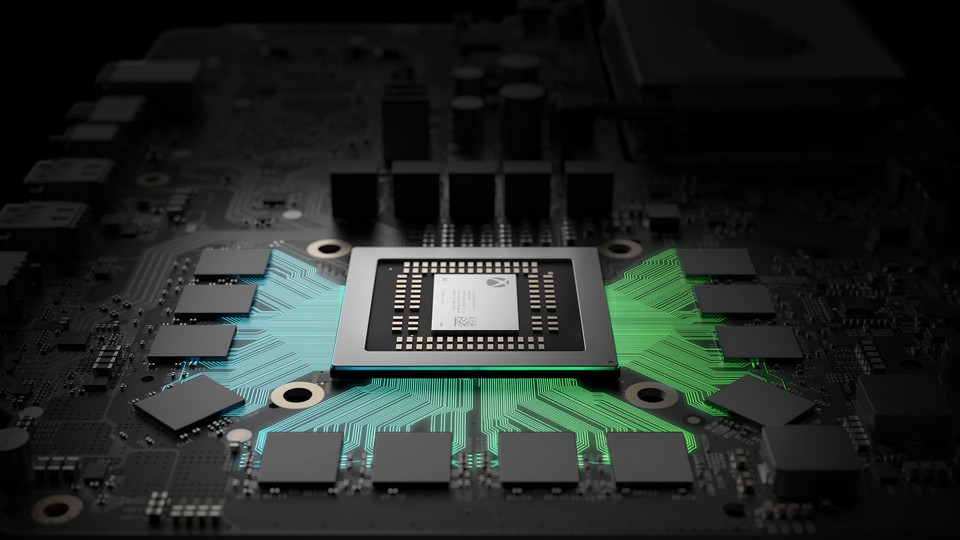 Hier sind die zwölf Speicherchips GDDR5-RAM der neuen Xbox One X zu sehen. Der Vorgänger verwendet dagegen nur 8,0 GByte des deutlich langsameren DDR3-RAMs (gepaart mit 32 MByte eSRAM).
