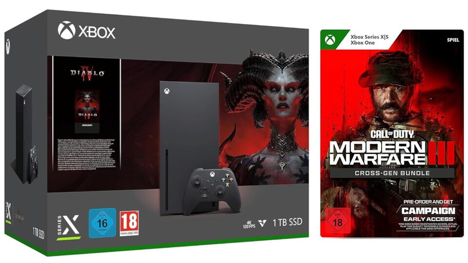 Das Xbox Series X Bundle mit Diablo 4 könnt ihr jetzt günstig und mit Call of Duty: Modern Warfare 3 als Zugabe bekommen.