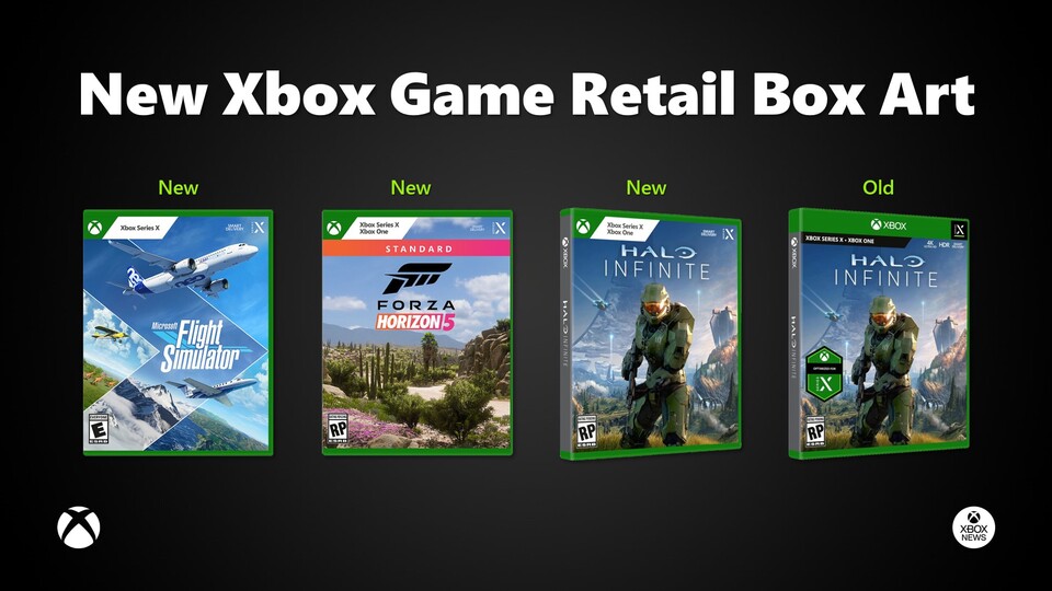 Die Xbox-Spiele seit Mitte 2021 (1-3) und zum Start Ende 2020 (4). Bildquelle: https:www.reddit.comrxboxonecommentsnzn176xbox_has_updated_their_game_retail_box_art_design#lightbox