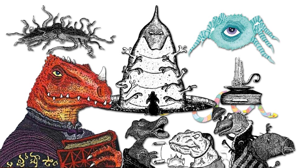 Hildegunst von Mythemetz (links unten) ist ein ebenso vollendeter Charakter, wie alle von Walter Moers Schöpfungen.