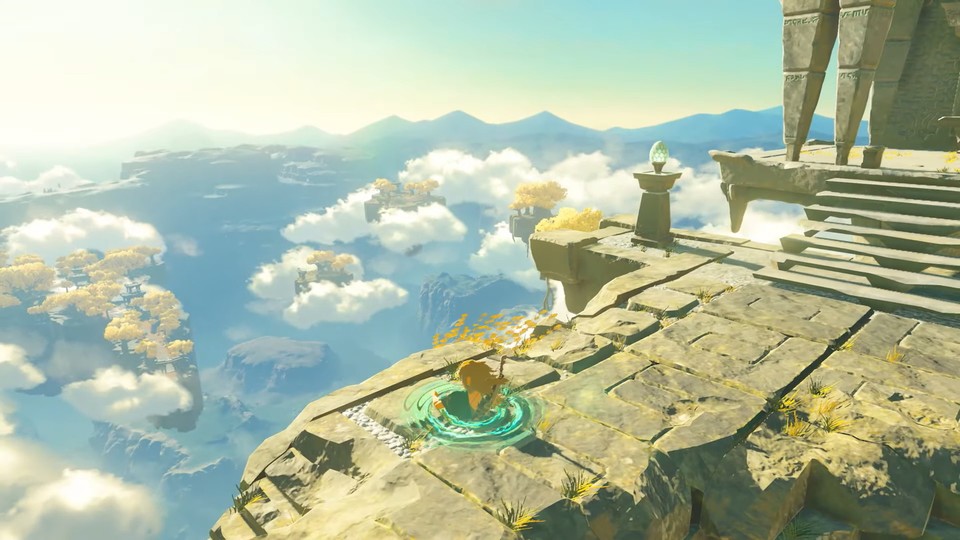 Hier im Trailer zum Zelda: Breath of the Wild-Sequel könnte rechts der Eingang zu einem Tempel, Schrein oder Dungeon sichtbar sein und gleichzeitig sehen wir Link, der sich durch den Boden zwängt.