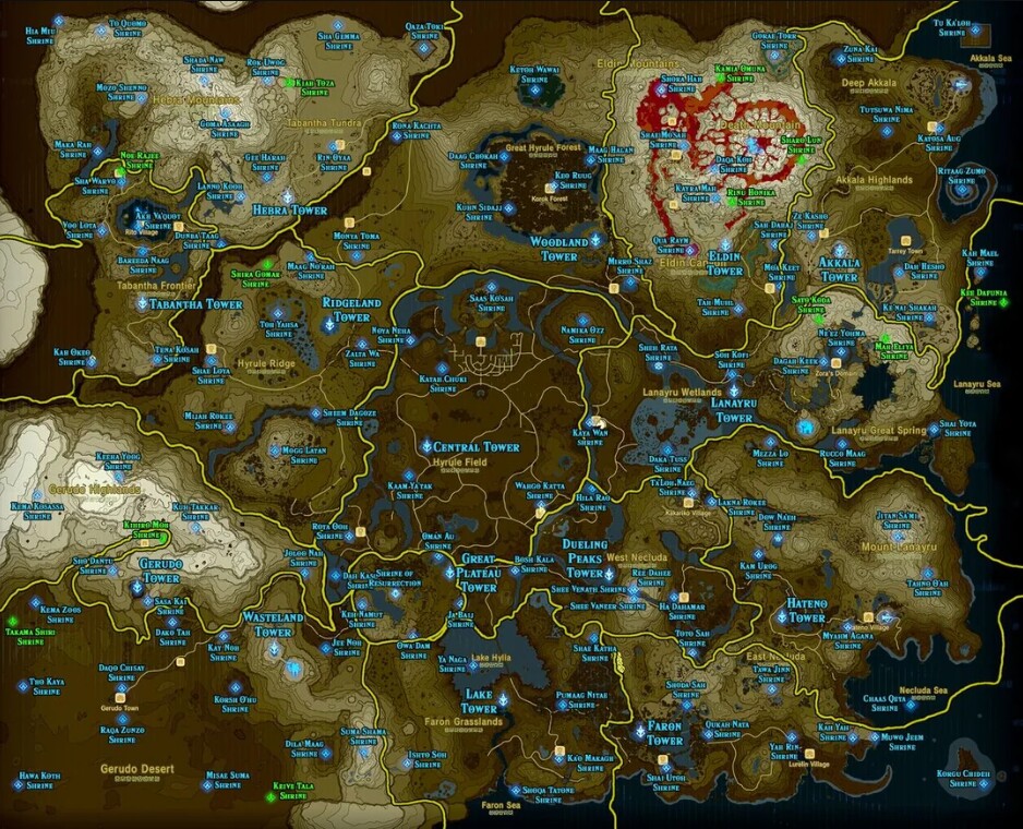 Karte mit allen Schreinen in Zelda: Breath of the Wild. Via: https:www.polygon.comzelda-breath-of-the-wild-guide-walkthrough20176115723316botw-shrine-map-location