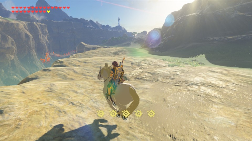 Ihr könnt den Zelda-Drachen Eldra gut abpassen, wenn er wie hier links im Bild durch die Kukudja-Schlucht fliegt.
