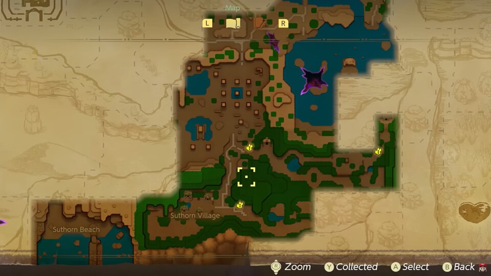 Hier seht ihr einen Teil der Map aus Zelda: Echoes of Wisdom. Man beachte auch den Riss in lila.