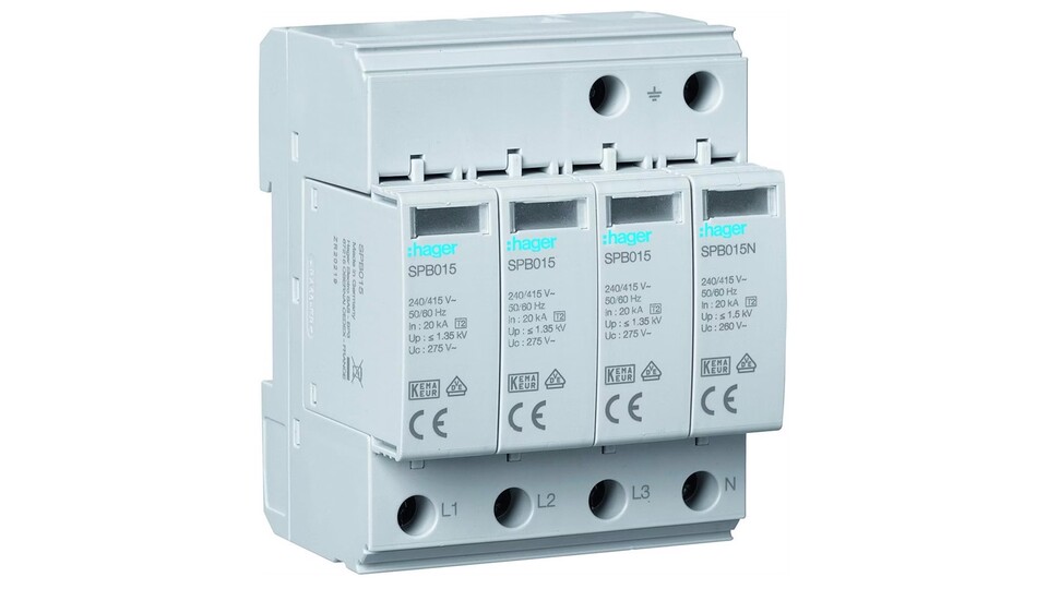 Ein solcher Typ 2-Überspannungsableiter bewältigt fast 100.000 Ampere bei knapp 5.000 Volt, bevor sie überhaupt die Leitungen eure Räumlickeiten erreichen. (Bildquelle: Hager)