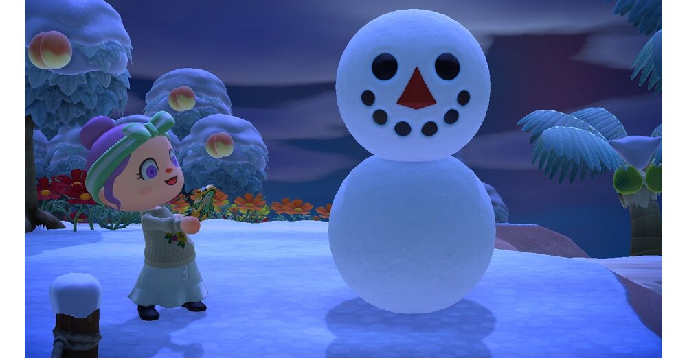 Animal Crossing : Bonhomme de neige Un bonhomme de neige se construit parfaitement et des flocons géants